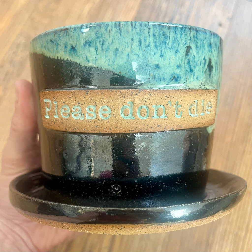 A handmade ceramic planter with an attached saucer, held by a hand against a wooden background. The planter features a glossy black and teal glaze with a textured tan band in the middle containing the raised text 'Please don't die'.