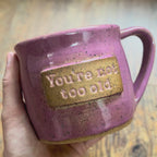 A video rotating around a pink mug featuring the phrase "you're not too old"