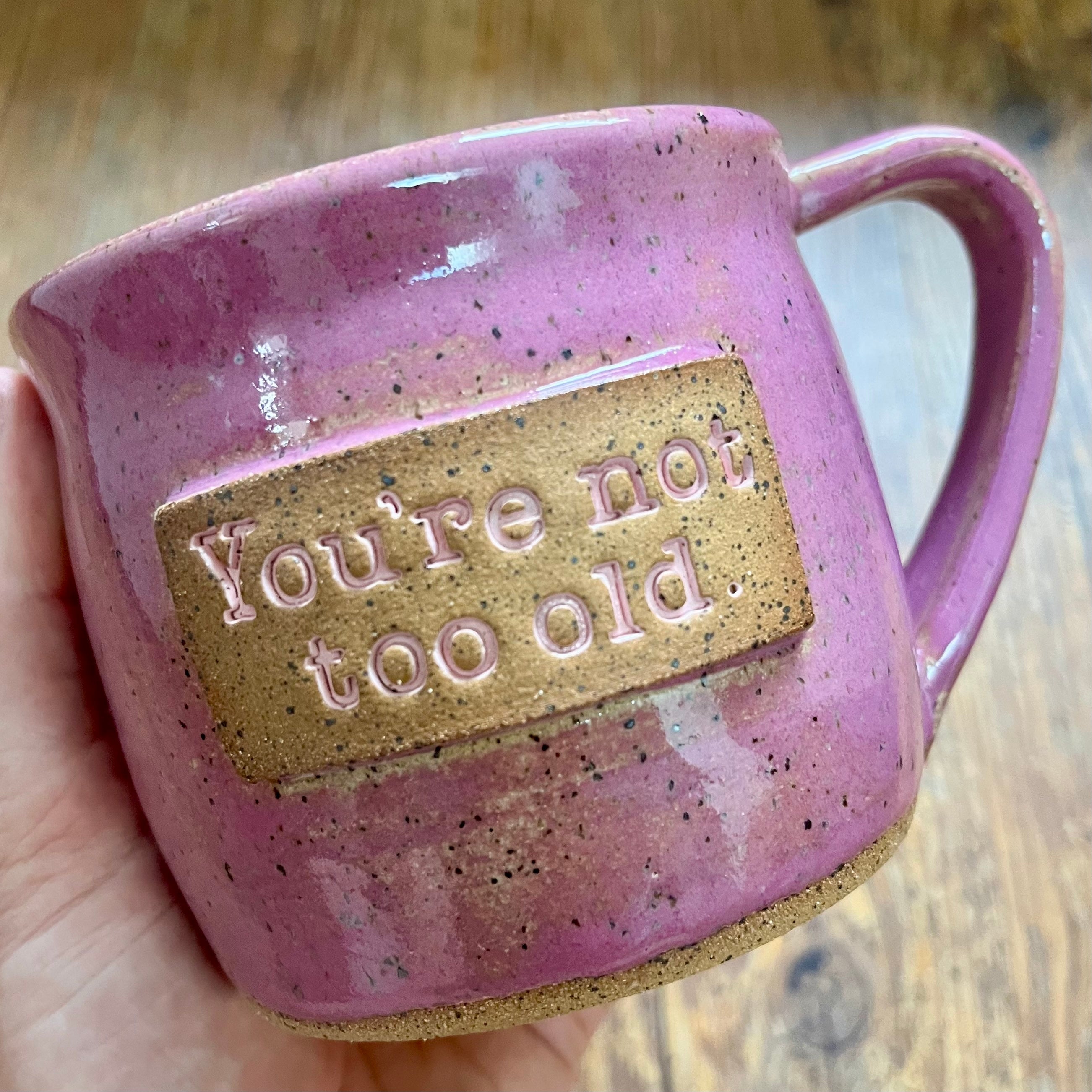 a pink mug featuring the phrase "you're not too old"